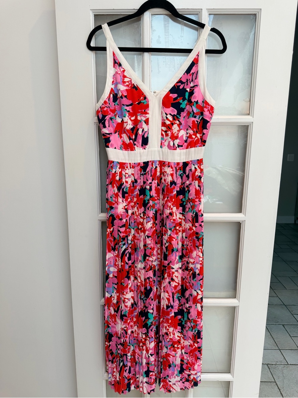Katherine Kelly Pink Navy Red Quinn Floral Pleated Midi Maxi Dress Size 8 Med